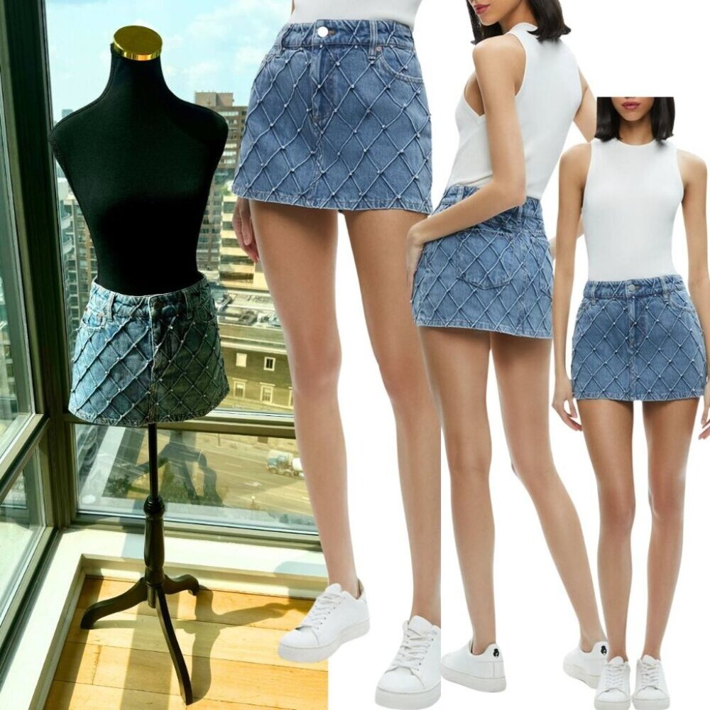 🆕 ALICE + OLIVIA 🧿 NWT Joss High-Rise Quilted Embellished Denim Mini Skirt, 26
